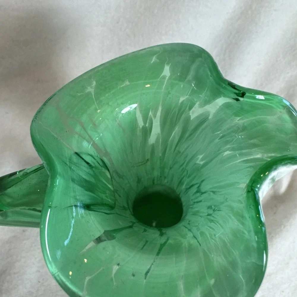 Hand Blown Green Glass White Stretched Splatter 4.5